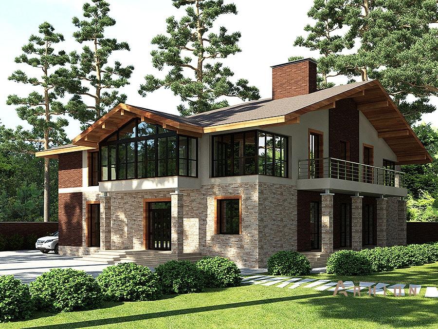 4. Проект двухэтажного дома в скандинавском стиле с многоскатной кровлей, av-590, площадью - 590 кв c терассой, балконом, гаражом